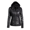 Giacca in pelle sintetica con cappuccio, stile moto, taglia 5XL, con zip staccabile, marca Valstrend, vista frontale.