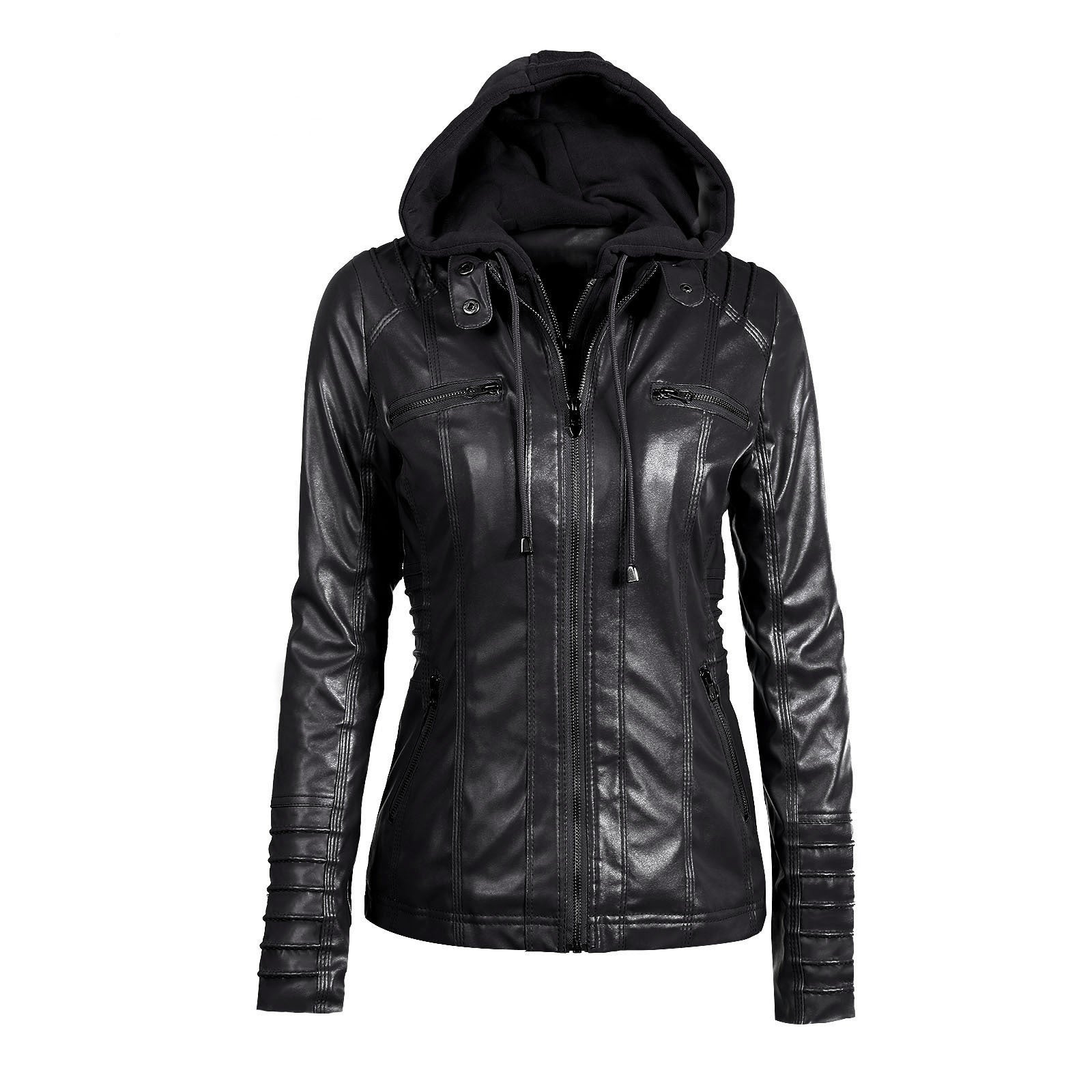Giacca in pelle sintetica con cappuccio, stile moto, taglia 5XL, con zip staccabile, marca Valstrend, vista frontale.