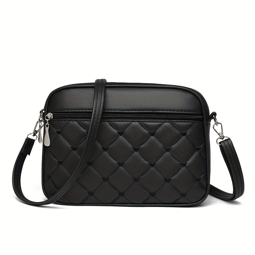 Minimalist Geometric Embroidered Heart Women's Crossbody Bag with Multi-Layer Zipper, Large Capacity, Detachable & Adjustable Shoulder Strap - Lightweight PU Black, Polyester Lined