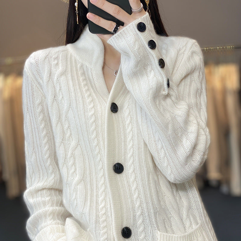 Cardigan in pura lana donna Valstrend, maglione aperto con colletto a stand, vestibilità morbida e traspirante, tessuto lavorato a maglia