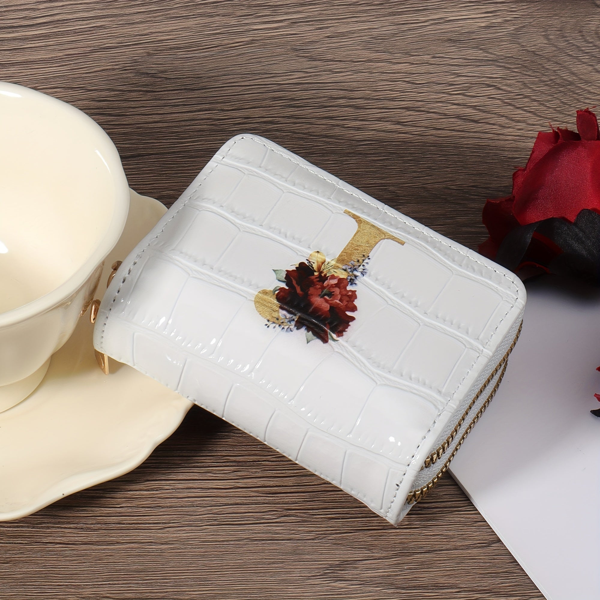 Portafoglio compatto Valstrend con motivo floreale, porta carte di credito con cerniera, elegante e pratico per donna o uomo.