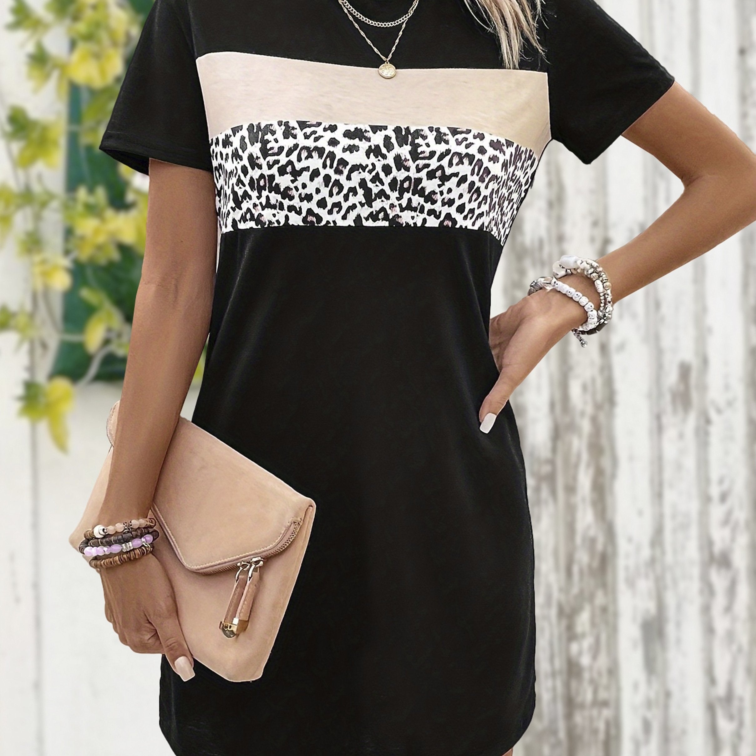 Striped Crew Neck Dress, Casual Short Sleeve Mini Dress For Spring & Summer, Women's Clothing