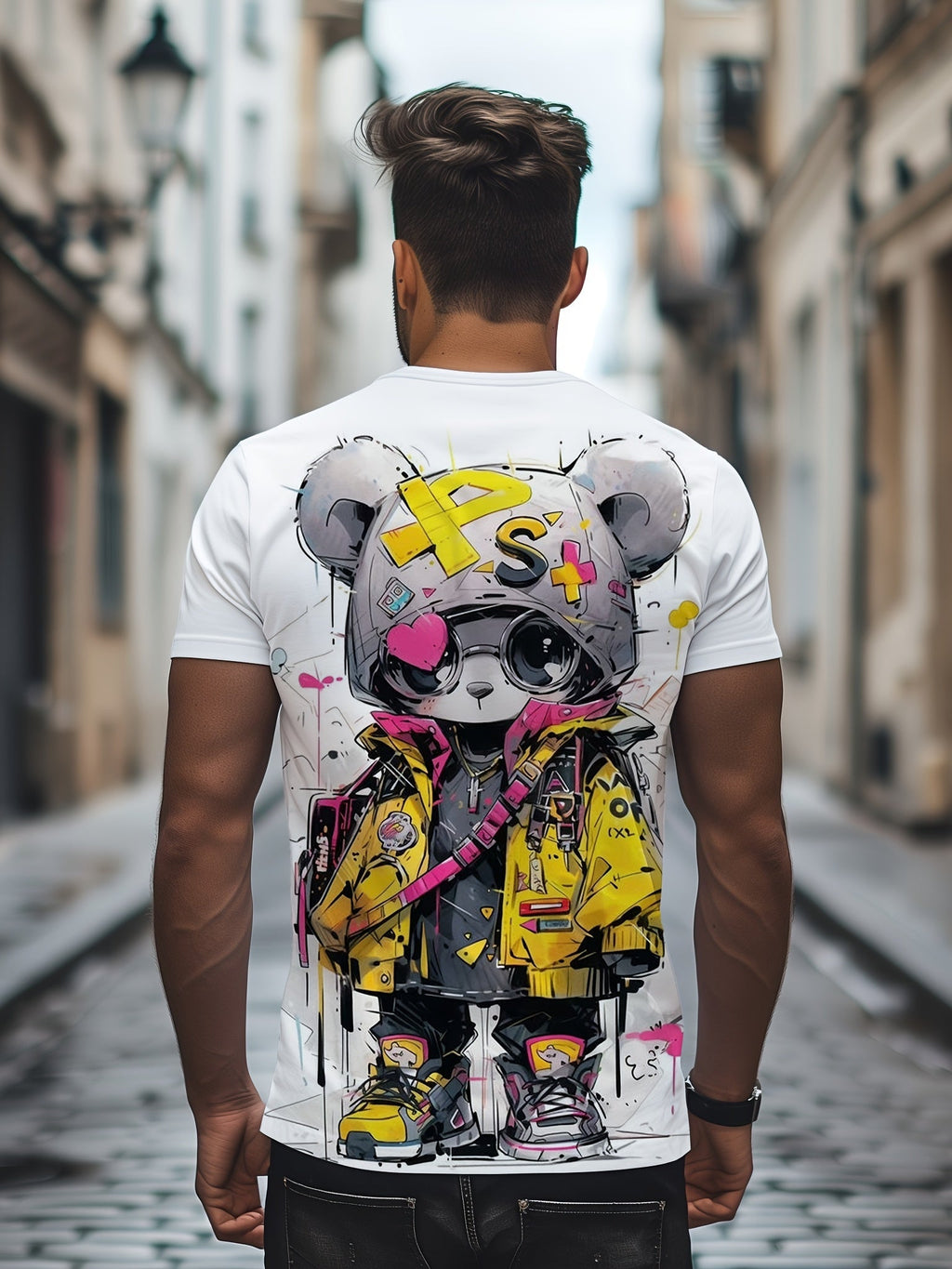 T-shirt estivo da uomo Valstrend con stampa orso cartone, maniche corte, tessuto poliestere leggero e leggermente elasticizzato.
