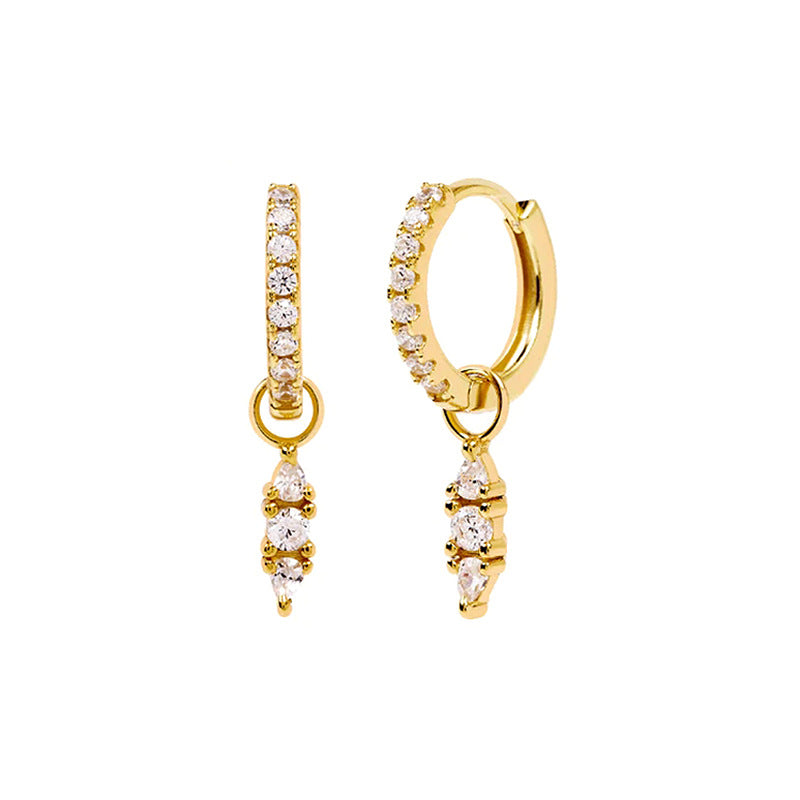 Orecchino corto a ago con motivo geometrico in argento e zirconia, donna, stile elegante e moderno.