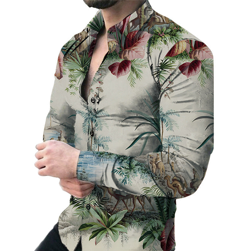 Camicia casual a maniche lunghe da uomo Valstrend con stampa floreale di grandi dimensioni, stile rilassato e moderna.