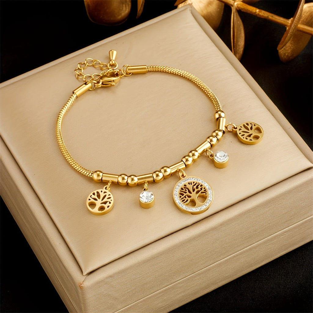 1pc Stainless Steel Golden Chain, Inlaid Synthetic Crystal Hollow Pattern Tree Pendant Bracelets, Women Men Fashion Trendy Party Jewelry