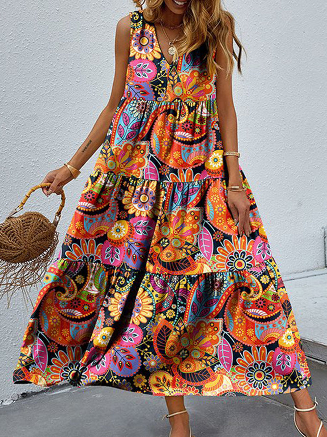 Vestito donna Valstrend, vestito largo a fiori casual con scollo a V, modello ampio e leggero per occasioni informali