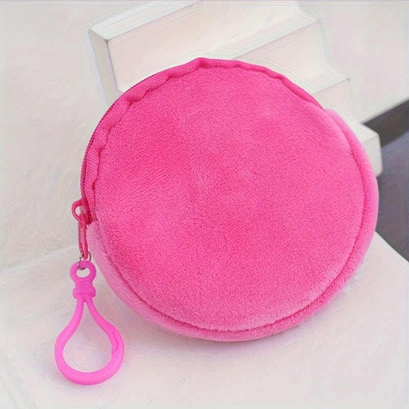 Mini Colorful Faux Fur Round Coin Purse With Key Ring, Small Zipper Pouch For Women, Simple Zipper Wallet