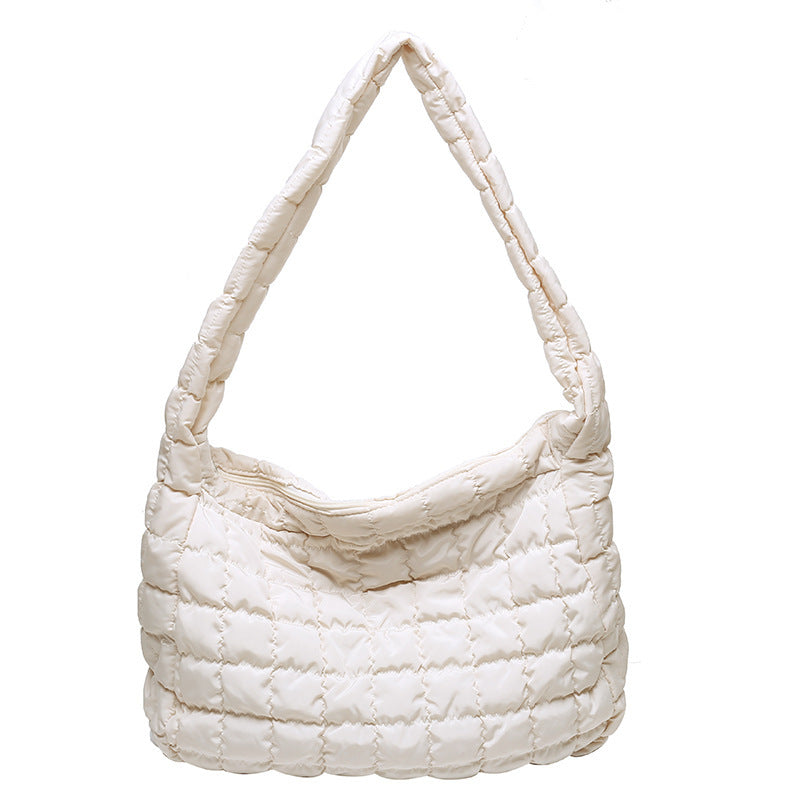 Borsa a tracolla singola autunno inverno Valstrend con motivo quadri imbottita e capiente, stile tote in tessuto caldo.