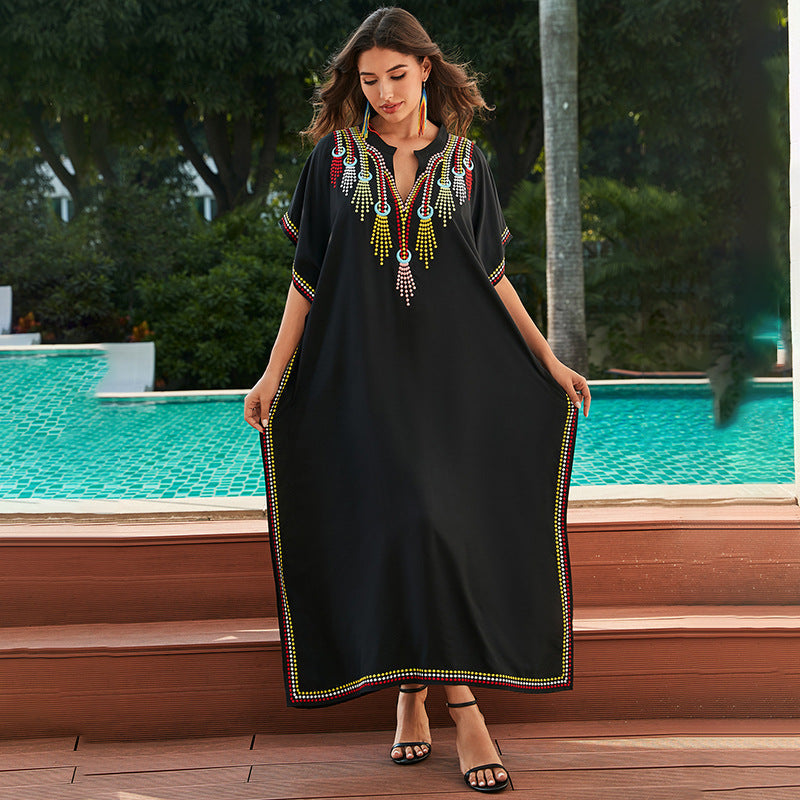 Accappatoio da donna in cotone Valstrend, vestito lungo stile beach cover-up con ricami, ideale per vacanze e spiaggia