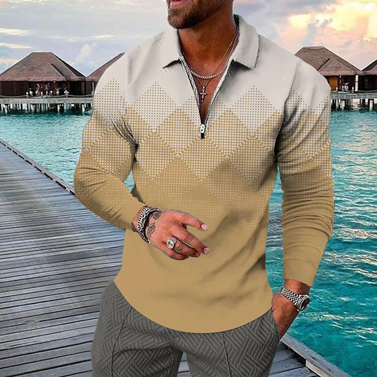 Camicia casual a maniche lunghe Valstrend con stampa geometrica 3D, cerniera e colletto a lancia, stile moderno e rilassato.