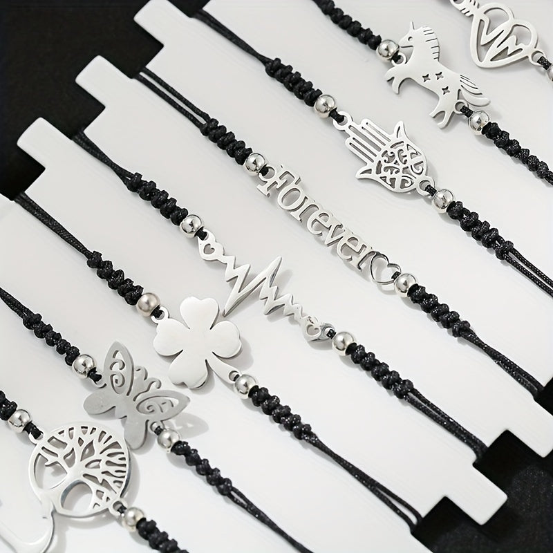 Set di 12 braccialetti con charms Fatima, unicorno e cuore in acciaio inox, corda nera regolabile, bijoux unisex.