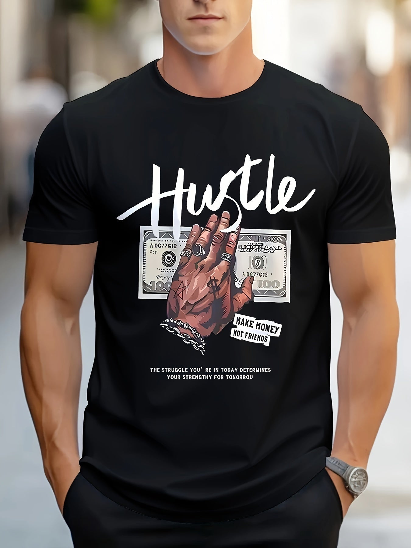 T-shirt casual da uomo Valstrend con stampa 'HUSTLE' e soldi, maniche corte e collo rotondo, stile alla moda.