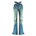 Pantaloni a campana skinny Valstrend con vita alta, plissettati, a gamba larga e dettagli a placket in jeans denim hot girl.
