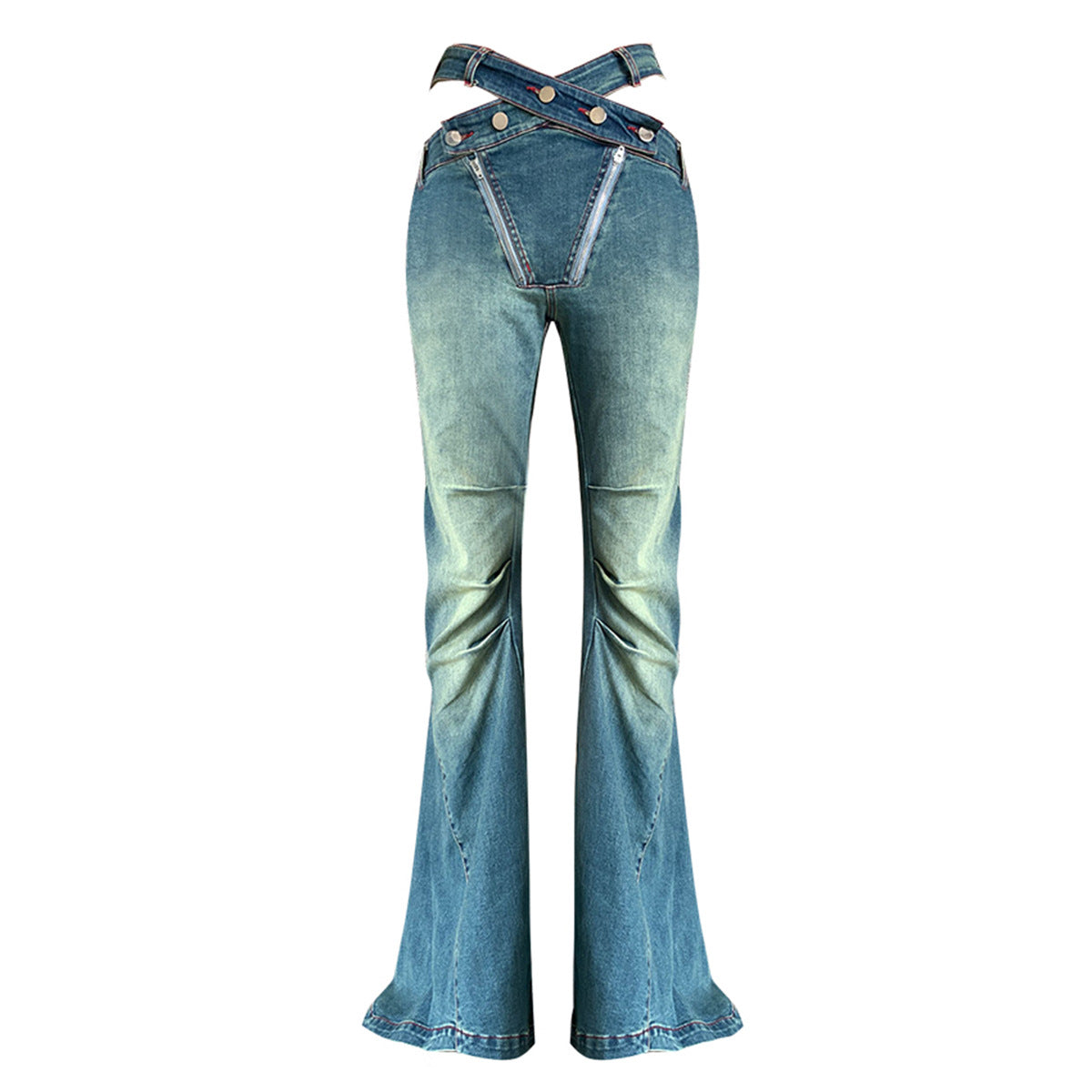 Pantaloni a campana skinny Valstrend con vita alta, plissettati, a gamba larga e dettagli a placket in jeans denim hot girl.