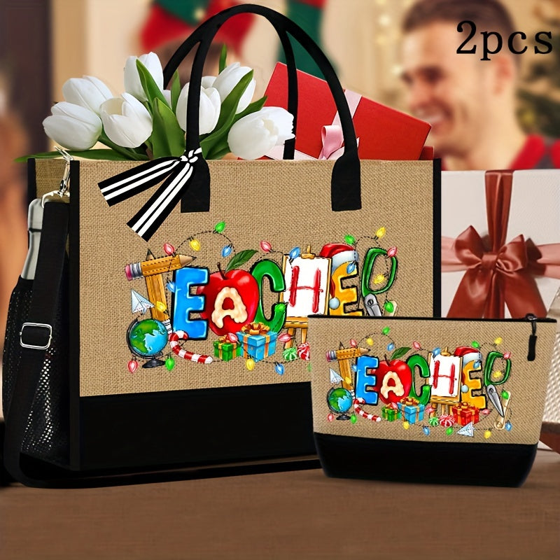 Teacher Print Tote Bag Set, 2Pcs Canvas Shopper Bag and Pouch Combo, Khaki Fabric Handbag with Adjustable Strap, Hand Washable, Positioning Printing for College and Casual Use