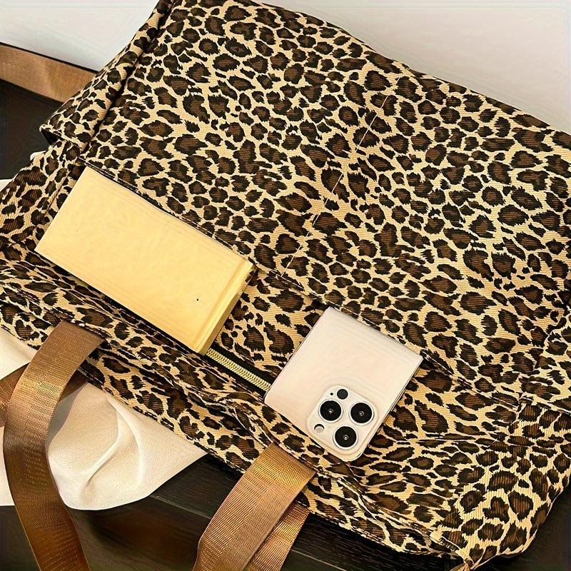 Leopard Print Canvas Versatile Single Shoulder Crossbody Handbag With Adjustable Strap, Multiple Pockets, Perfect For Casual Outdoor