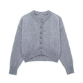 Cappotto donna grigio a vita alta con bottoni decorativi e maglia, stile corto, marchio Valstrend, dettaglio tessuto e design.