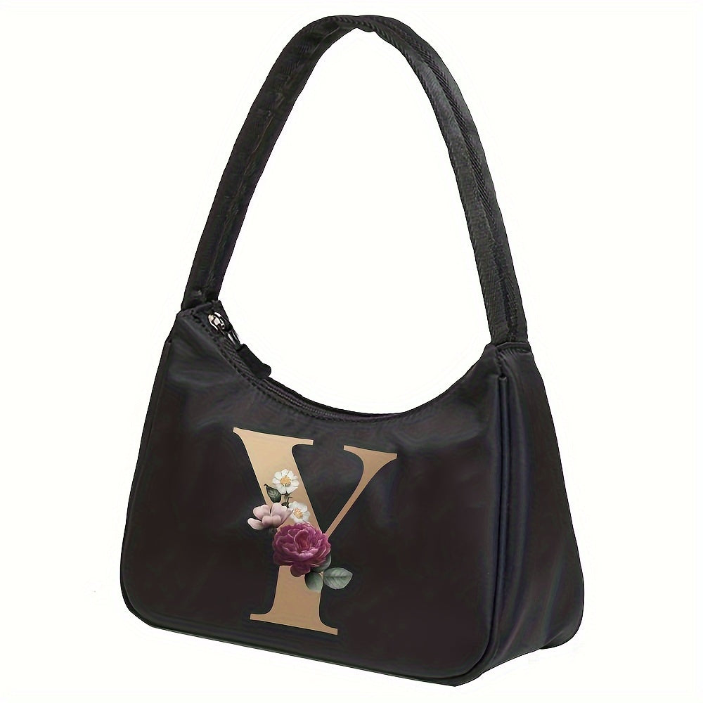 Floral Letter Print Shoulder Bag, Fashion Nylon Underarm Bag, Women's Zipper Handbag & Purse