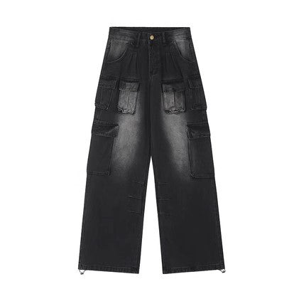 Pantaloni street design a zampa larga in denim lavato, stile retrò per uomo e donna, pantaloni da lavoro ampi e dritti Valstrend shop