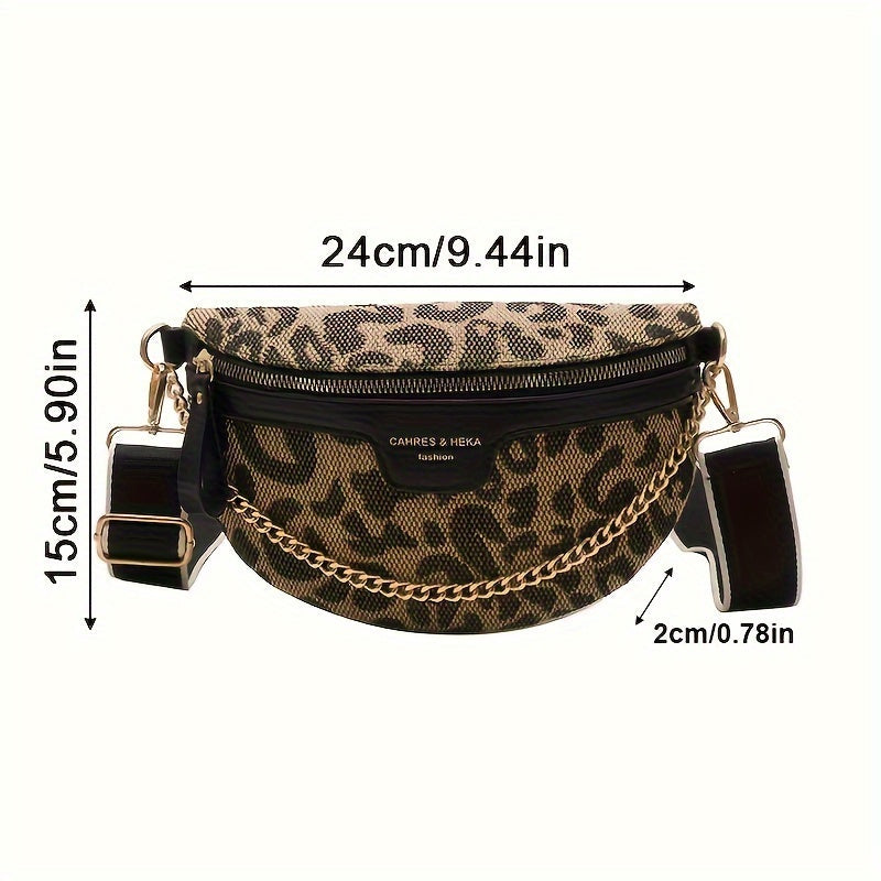 Chic Leopard & Plaid Print Canvas Crossbody Bag with Adjustable Strap - Vintage-Inspired, Zip Closure, Women's Fashion Accessory in Deep Brown/Black, for Autumn, Spring