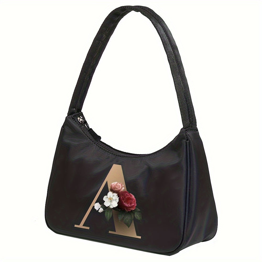 Floral Letter Print Shoulder Bag, Fashion Nylon Underarm Bag, Women's Zipper Handbag & Purse