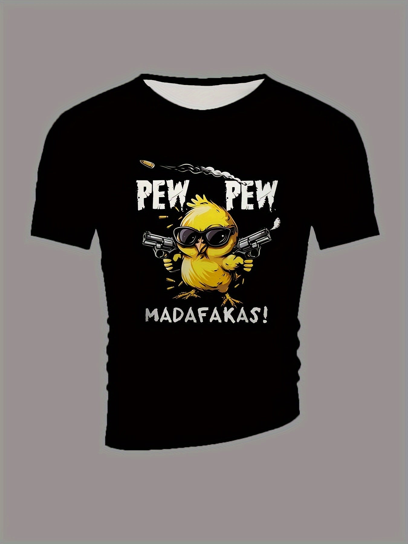 T-shirt da uomo Valstrend con stampa vintage "Pew Pew Madafakas" pollo con pistole, manica corta, collo rotondo, tessuto in poliestere