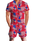 Salopette estiva a maniche corte con motivo hawaiano e bandiera americana, firmata Valstrend shop, visibile con dettagli colorati