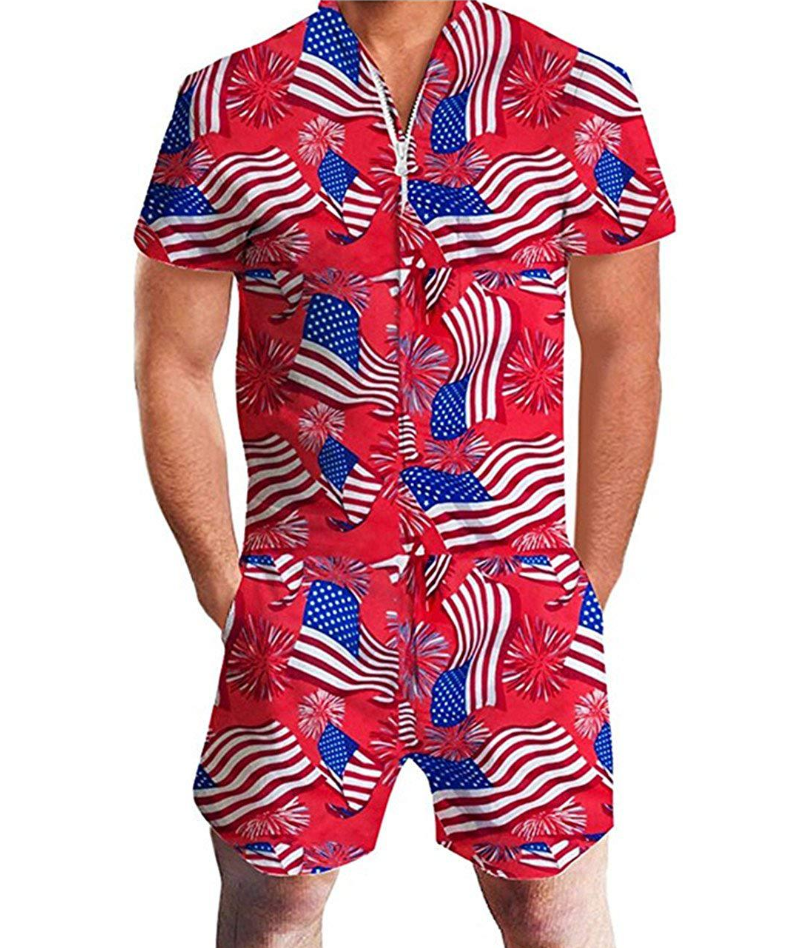 Salopette estiva a maniche corte con motivo hawaiano e bandiera americana, firmata Valstrend shop, visibile con dettagli colorati