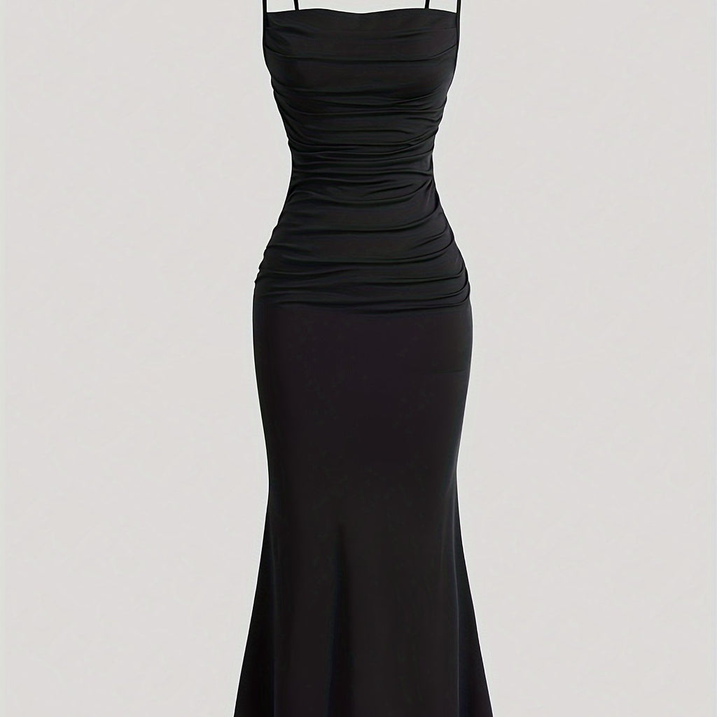 Solid Color Spaghetti Strap Dress, Sexy Sleeveless Ruched Front Mermaid Hem Dress For Spring & Summer, Women's Clothing