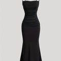 Solid Color Spaghetti Strap Dress, Sexy Sleeveless Ruched Front Mermaid Hem Dress For Spring & Summer, Women's Clothing