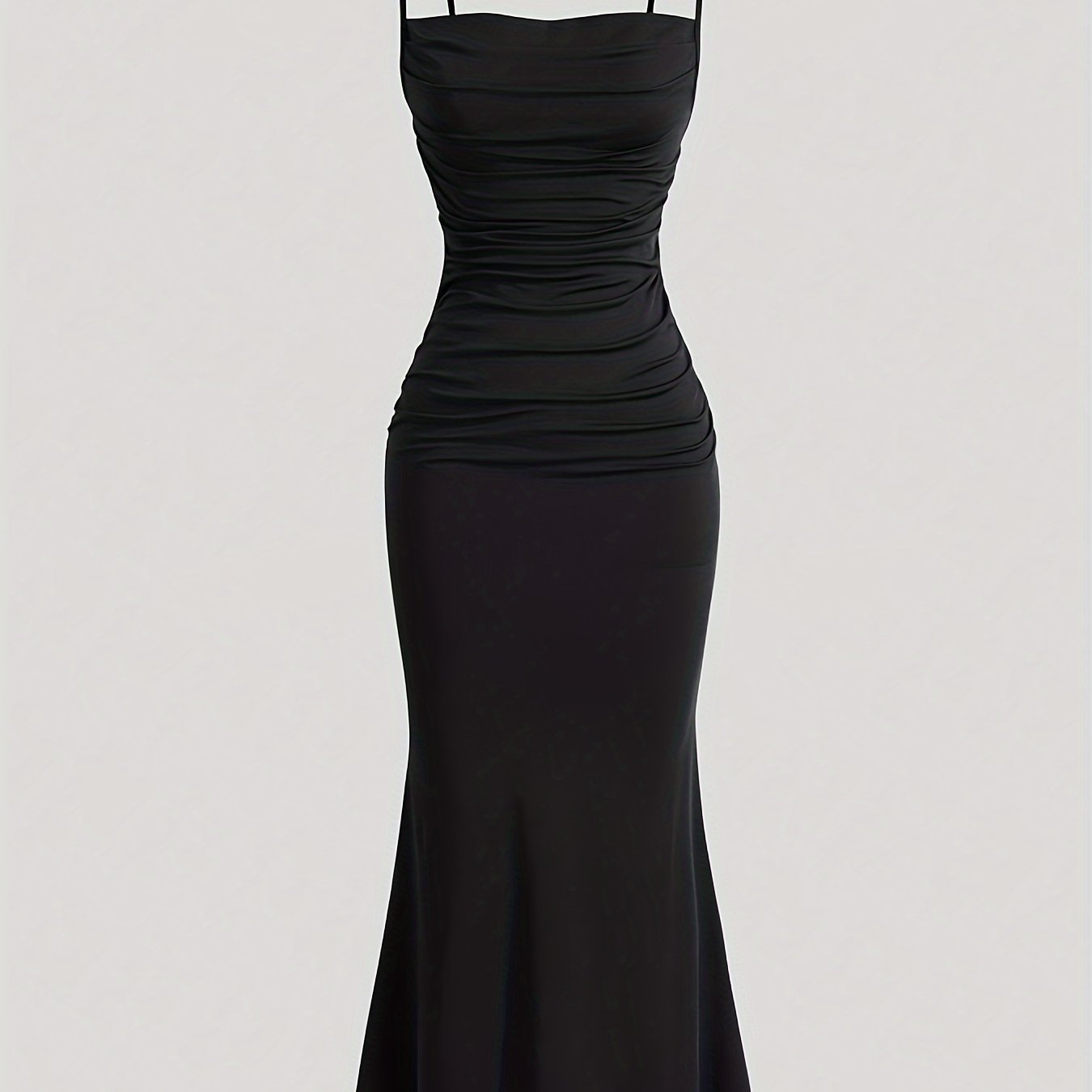 Solid Color Spaghetti Strap Dress, Sexy Sleeveless Ruched Front Mermaid Hem Dress For Spring & Summer, Women's Clothing