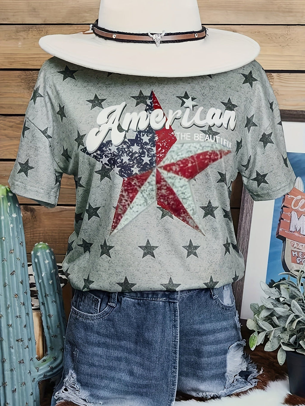 Maglietta casual Valstrend con stampa stelle e lettere, maniche corte e scollo rotondo, ideale per primavera ed estate donna