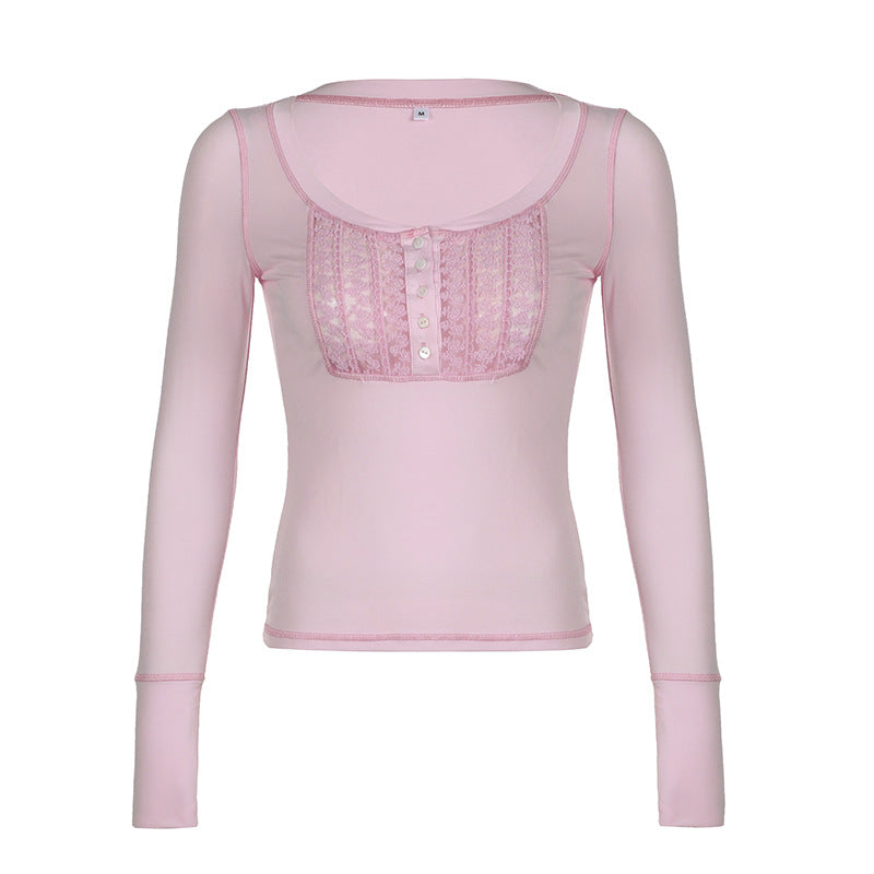 Maglietta slim fit da donna Valstrend, elegante con bottoni, collo a U e maniche lunghe, tessuto aderente e di moda.