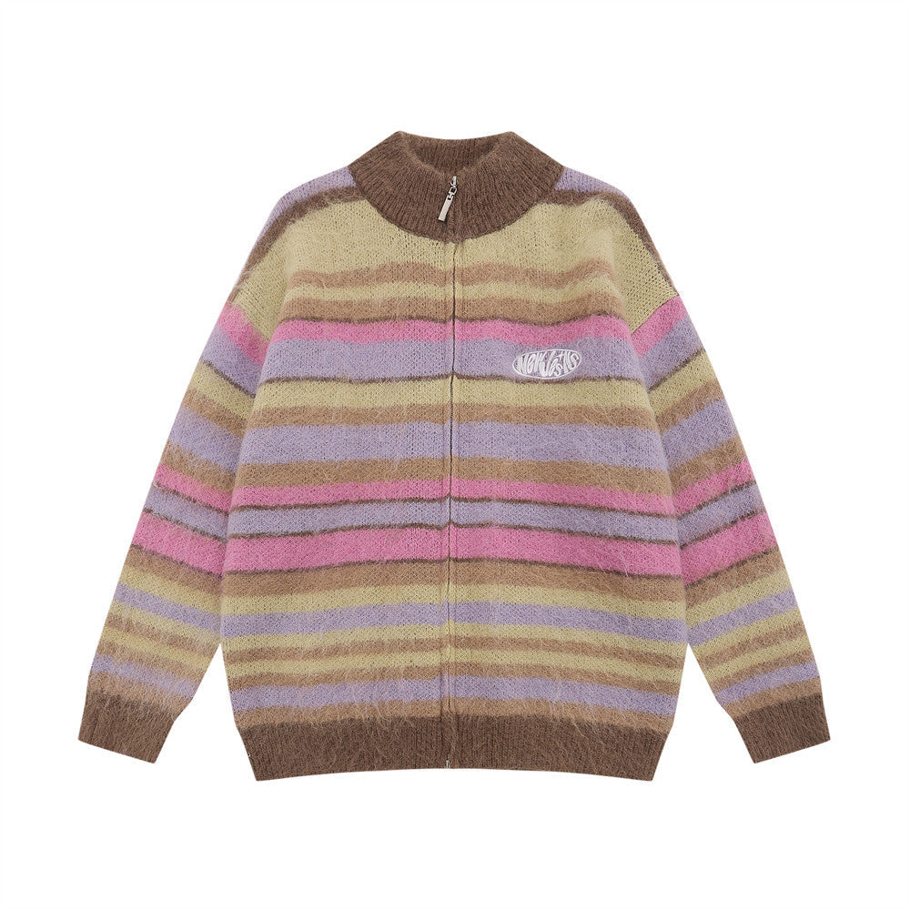 Rainbow Striped Stand Collar Thickened Sweater Coat Men's