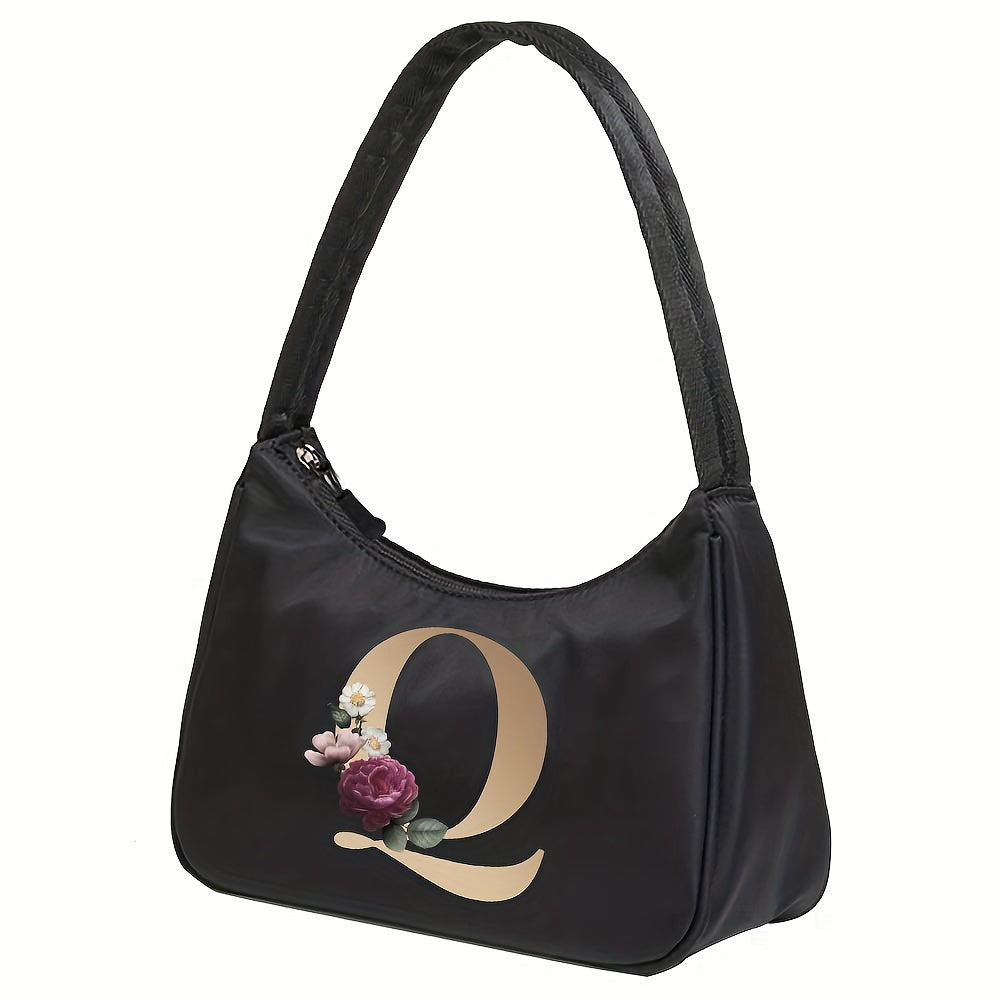 Floral Letter Print Shoulder Bag, Fashion Nylon Underarm Bag, Women's Zipper Handbag & Purse