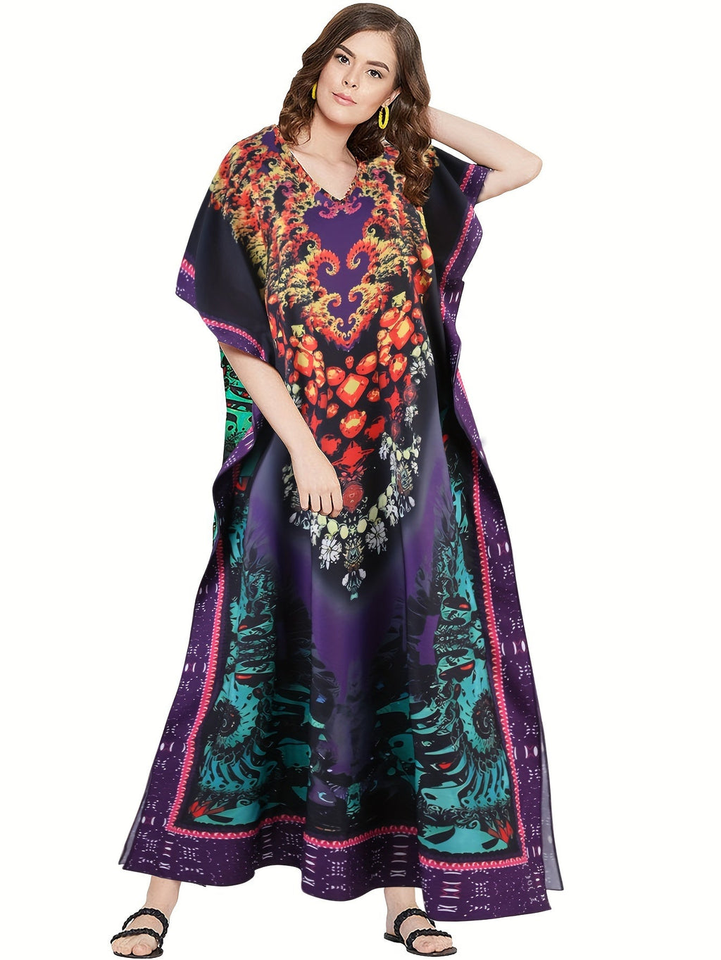 Kaftan con stampa allover a collo a V e maniche a pipistrello, vestito lungo elegante da donna Valstrend.