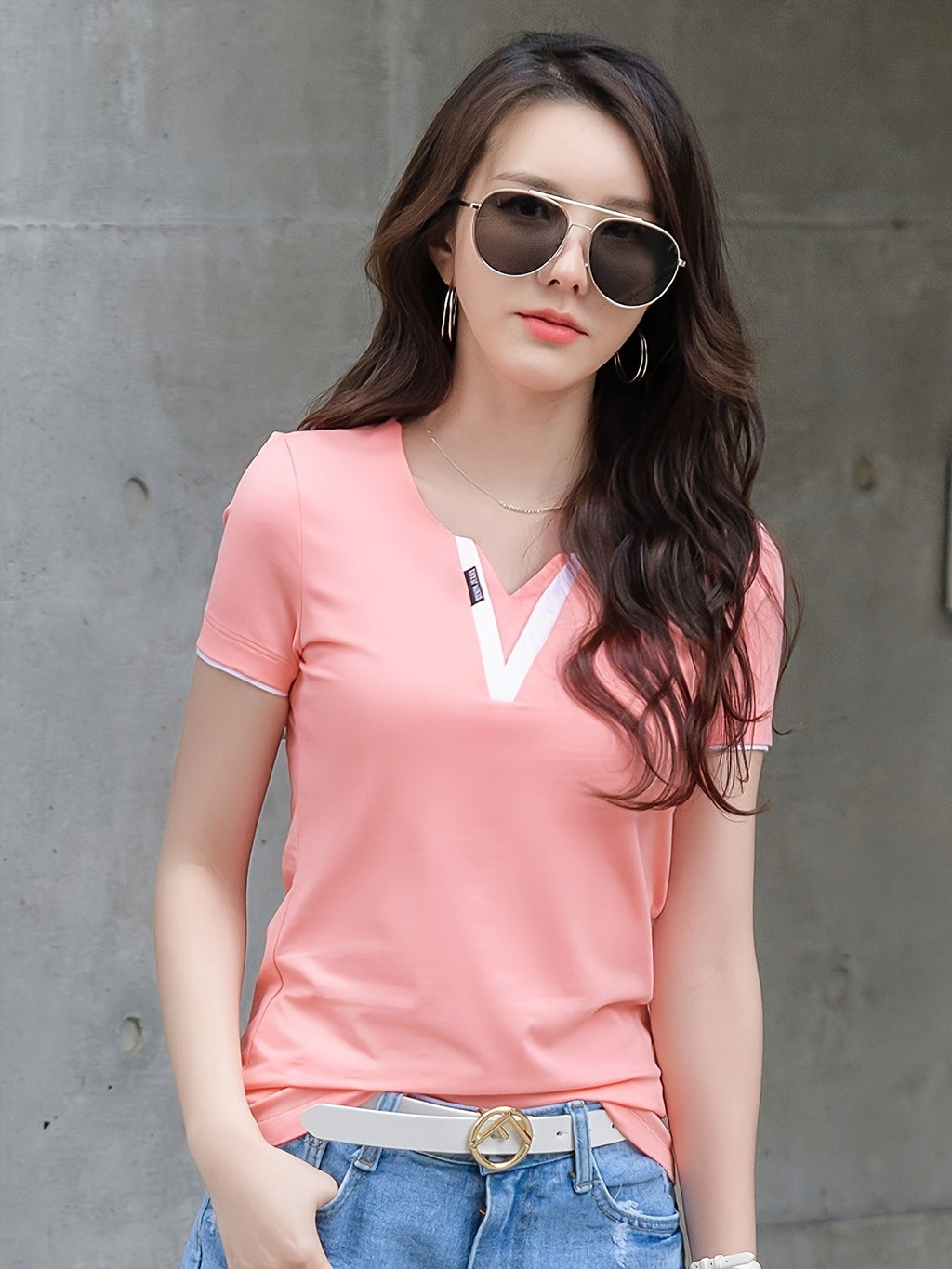 T-shirt donna Valstrend con blocchi di colore, scollo a V, maniche corte, stile casual per primavera e estate