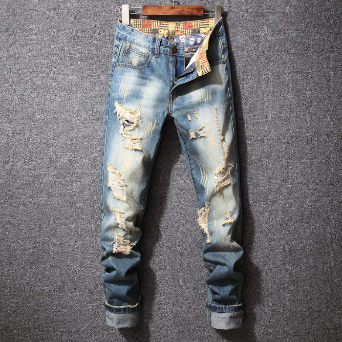 Jeans strappati in stile Hong Kong, casual e larghi, marca Valstrend, con tagli rotti e vestibilità ampia, stile americano.