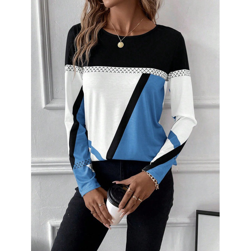 Pullover Valstrend con collo rotondo, cuciture a contrasto e stampa geometrica, morbido e alla moda.