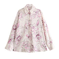 Camicia da donna Valstrend in seta satinata stampata con texture elegante, maniche lunghe e design alla moda.