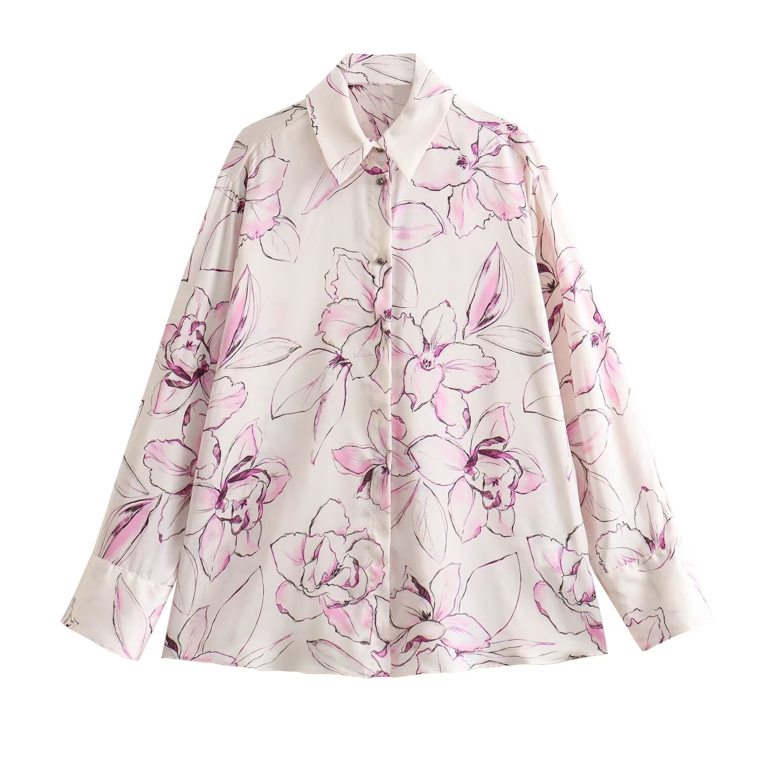 Camicia da donna Valstrend in seta satinata stampata con texture elegante, maniche lunghe e design alla moda.