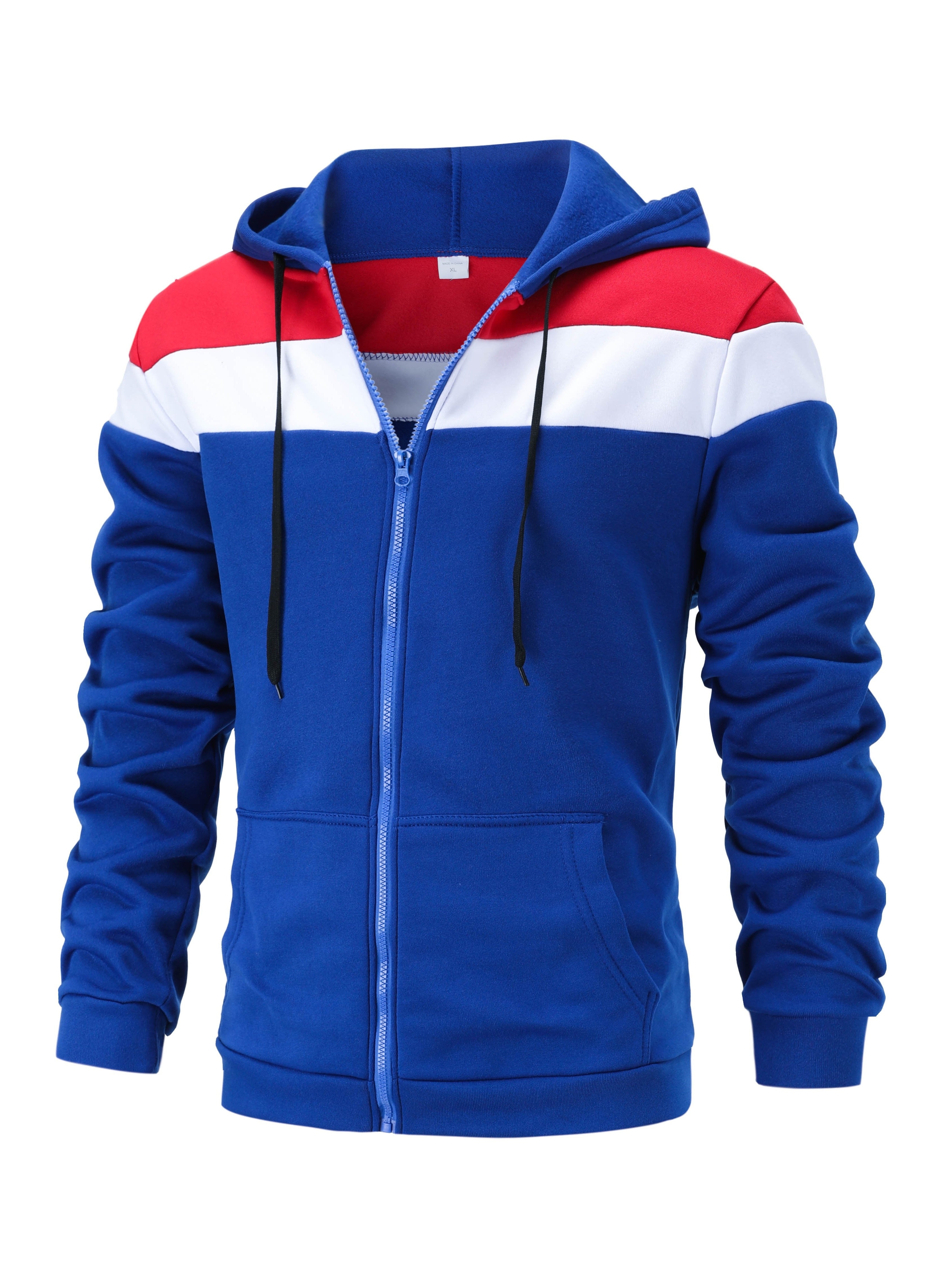 Color Block Men's Hooded Jacket, Casual Long Sleeve Zip Up Hoodie With Drawstring And Pockets, Spring Fall Outdoor Sports