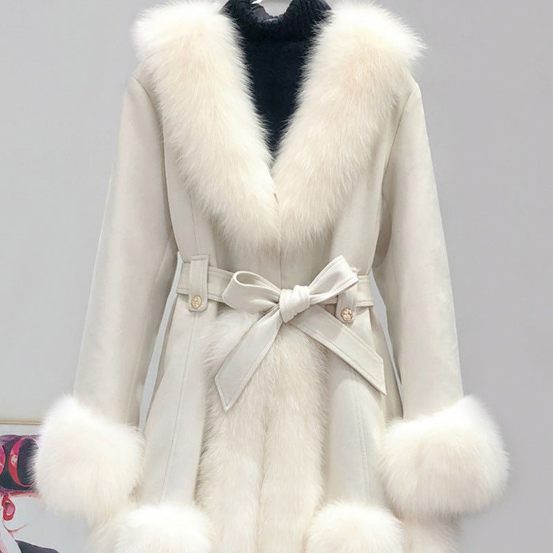 Cappotto in pelle suede con pelliccia integrata, stile western, lungo medio, taglio slim, marca Valstrend.