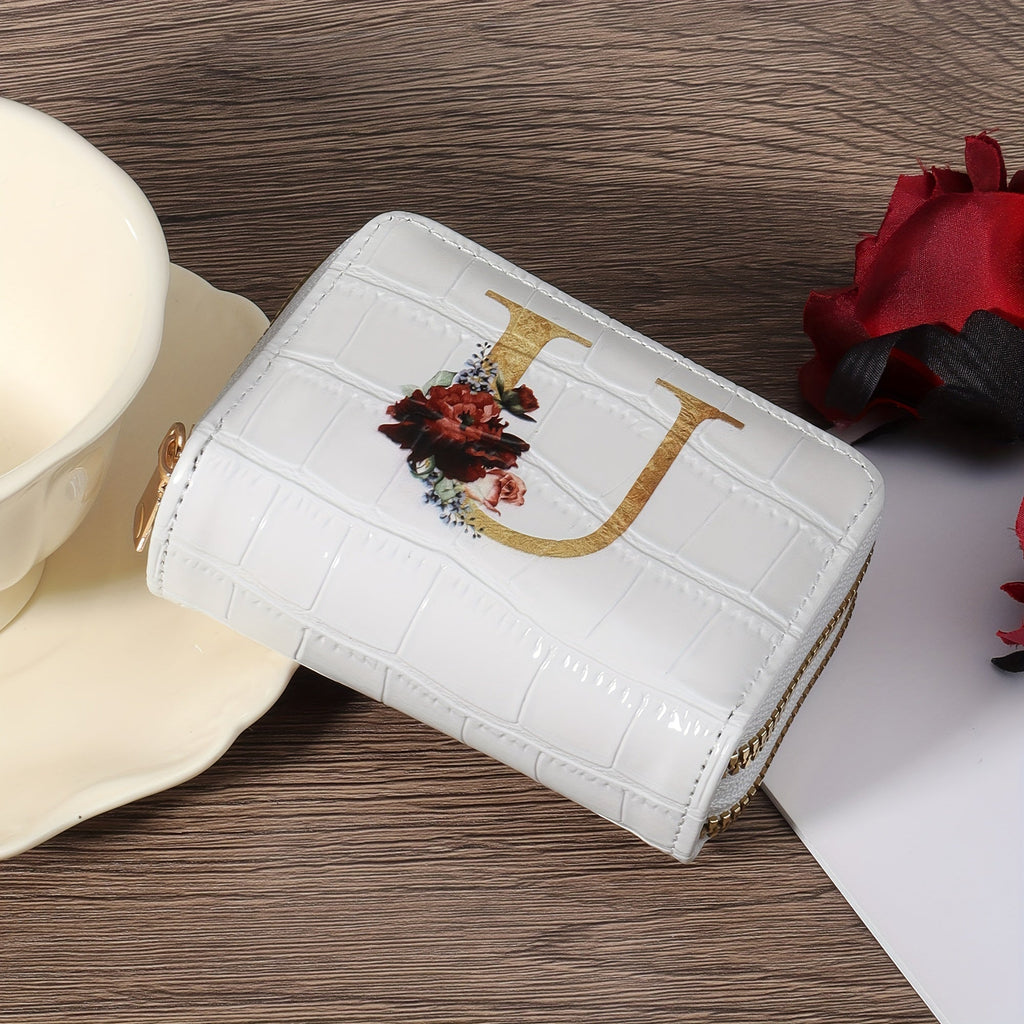 Portafoglio portacarte Valstrend a lettere floreali, piccolo, con cerniera, ideale per donne e uomini, design a fisarmonica.