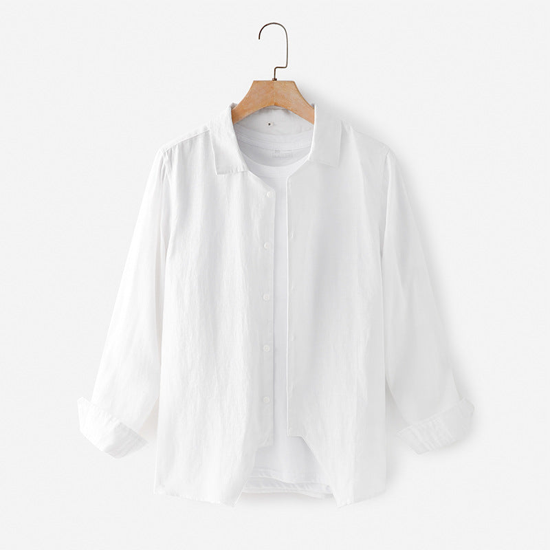 Camicia estiva in lino da uomo Valstrend, moda primavera e estate, tessuto leggero e fresco, dettagli visibili sulla maglietta.