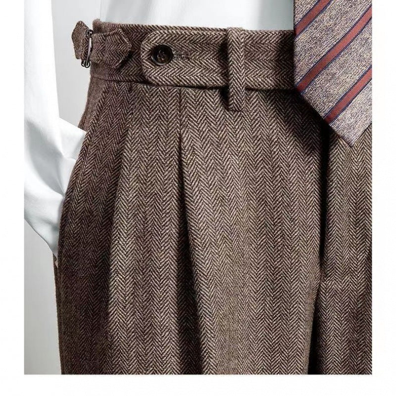 Pantaloni da uomo in tweed casual britannico Valstrend, tessuto in lana, stile elegante e classico con tasche frontali.