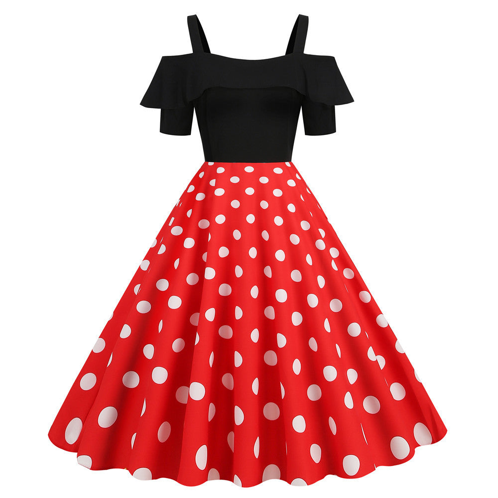 Vestito a maniche corte nera con pois a trapezio Valstrend, abbigliamento femminile leggero e elegante.