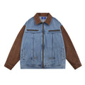 Giacca da lavoro in pelle PU con colletto a revers, stile loose, dettagli di cuciture e contrasto di denim, uomo, Valstrend.