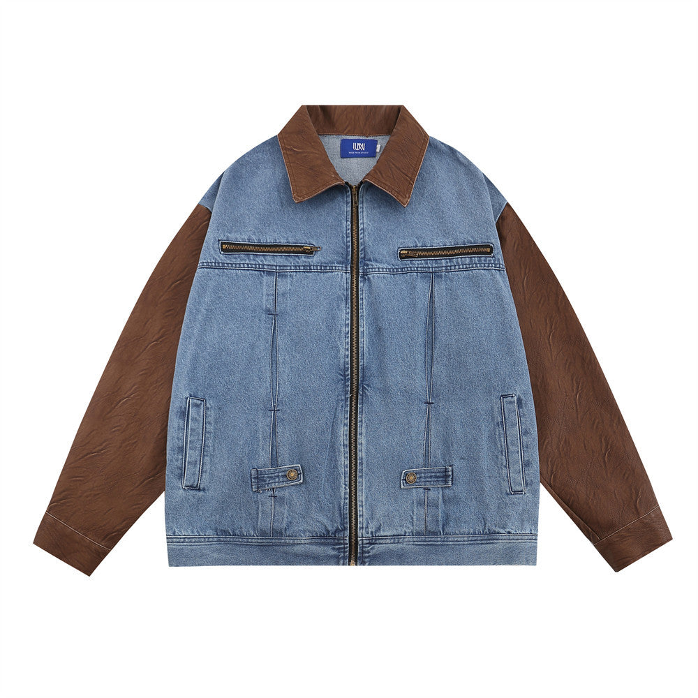 Giacca da lavoro in pelle PU con colletto a revers, stile loose, dettagli di cuciture e contrasto di denim, uomo, Valstrend.